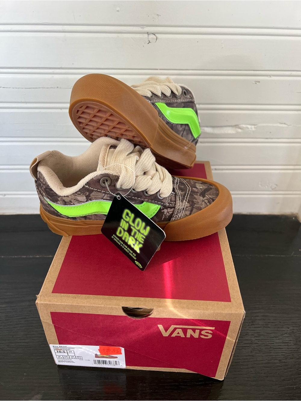 Vans Kids Camo Sneaker with Neon Green Stripe and Gum Sole